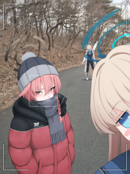 3girls ^_^ absurdres alternate_costume asuna_(blue_archive) beanie blonde_hair blue_archive blush braid casual closed_eyes commentary_request fake_phone_screenshot fake_screenshot grey_scarf halo hat highres jacket jitome junu_(jwoo5627) korean_commentary long_hair looking_at_viewer multiple_girls neru_(blue_archive) outdoors padded_jacket photo_background pink_hair red_jacket scarf single_braid straight_hair toki_(blue_archive) very_long_hair