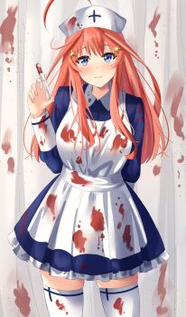 1girl ahoge blood blood_on_clothes blood_stain blue_dress blue_eyes blush closed_mouth dress go-toubun_no_hanayome hair_between_eyes hair_ornament hat highres hofumaso holding holding_syringe hospital long_hair long_sleeves looking_at_viewer nakano_itsuki nurse nurse_cap red_hair simple_background smile solo star_(symbol) star_hair_ornament syringe thighhighs white_thighhighs white_trim