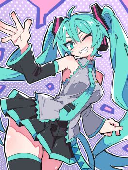 1girl absurdres ahoge aqua_eyes aqua_hair aqua_necktie aqua_trim armpits asymmetrical_sleeves bare_shoulders black_skirt black_sleeves black_thighhighs blush breasts bright_pupils collared_shirt commentary contrapposto cowboy_shot detached_sleeves elenagr english_commentary frilled_shirt frills grey_shirt grey_sleeves grin hair_between_eyes hair_ornament hand_up hatsune_miku headphones highres long_hair long_sleeves looking_at_viewer medium_breasts miniskirt mismatched_sleeves necktie one_eye_closed outline pleated_skirt shirt sidelocks skirt sleeveless sleeveless_shirt smile solo standing teeth thighhighs thighs tie_clip twintails untucked_shirt v-shaped_eyebrows very_long_hair vocaloid white_outline white_pupils wide_sleeves zettai_ryouiki