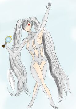 absurdres armpit_cutout bodysuit cinderella_(nikke) clothing_cutout goddess_of_victory:_nikke hair_over_one_eye highres leg_cutout one_eye_covered skin_tight vladsnowing white_bodysuit