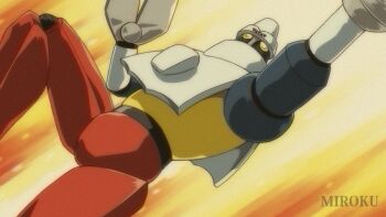 arm_up armor drill_hand fake_screenshot getter-2 getter_robo getter_robo_(classic) highres ishikawa_ken_(style) knee_up leg_up mecha mecha_focus miroku_(miroku_t) multicolored_armor official_style pincers red_armor retro_artstyle robot super_robot white_armor yellow_eyes