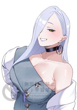 Rule 34 | 1girl, absurdres, bare shoulders, blue lips, blush, breasts, choker, cleavage, commentary request, dress, earrings, eyeliner, fate/grand order, fate (series), grey dress, grin, hair over one eye, highres, hiyayaako, hoop earrings, jacket, jewelry, large breasts, long hair, long sleeves, looking at viewer, makeup, mrs. snake (fate), off shoulder, smile, solo, sweater, sweater dress, tassel, white hair, white jacket, yellow eyes