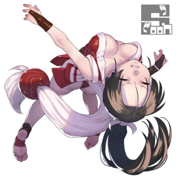 1girl breasts brown_hair closed_eyes fatal_fury feet long_hair ninja ponytail revealing_clothes ryona shiranui_mai soles solo soon_(c-u-soon) the_king_of_fighters toes white_background