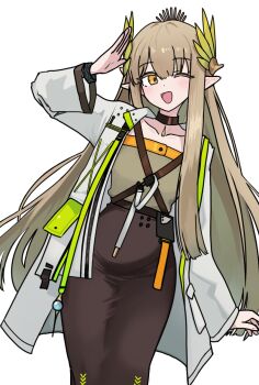;d arknights arm_up black_choker blonde_hair blush brown_skirt choker coat collarbone commentary dot_nose elf grey_shirt infection_monitor_(arknights) lab_coat long_hair long_sleeves mole mole_under_eye muelsyse_(arknights) one_eye_closed open_clothes open_coat open_mouth pointy_ears salute shirt simple_background skirt smile white_background white_coat wingcat yellow_eyes