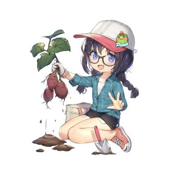 1girl aged_down black_shorts blue_eyes braid breasts brown_hair food frog_hat_ornament glasses gloves hat holding kino_books large_breasts long_hair low_twin_braids open_mouth red_shoes shoes shorts single_glove sitting sweet_potato trowel twin_braids uchi_no_hime-sama_ga_ichiban_kawaii v wariza whoisshe work_gloves