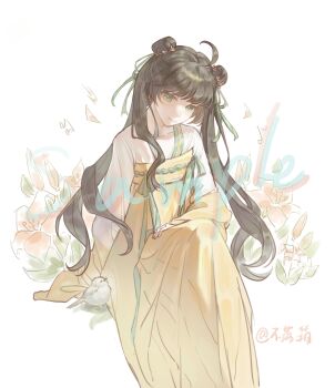 1girl ahoge artist_name bird black_hair brown_hair buluoxiang chinese_clothes chinese_commentary commentary_request double_bun dress english_text flower green_eyes hair_bun hair_ribbon hanfu highres long_hair long_sleeves looking_at_viewer original qixiong_ruqun ribbon sitting smile solo twintails watermark weibo_watermark white_background