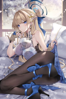 1girl akatsuki_hijiri bare_shoulders blonde_hair blue_archive blue_eyes blush braid breasts brown_pantyhose dress hair_ribbon halo high_heels highres long_hair looking_at_viewer lying medium_breasts on_side pantyhose pelvic_curtain ribbon solo toki_(blue_archive) white_dress wrist_cuffs