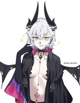 1girl alternate_hair_length alternate_hairstyle black_cloak black_hands black_panties black_thighhighs body_markings breasts choker cloak colored_extremities commentary_request crossed_bangs demon_girl demon_horns demon_wings ear_piercing fate/grand_order fate_(series) green_eyes grey_hair grin hair_between_eyes horns house_tag_denim korean_commentary lilith_(fate) lilith_(second_ascension)_(fate) looking_at_viewer medium_breasts navel panties piercing pointy_ears short_hair smile solo sparkle stomach_tattoo tattoo thighhighs underwear wings