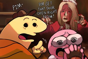 Rule 34 | 1girl, 2boys, adult swim, black eyes, blonde hair, blood, blood on clothes, blood on face, blood on hands, brown hat, charlie dompler, collared shirt, colored skin, commentary, crossover, desperation, door handle, english commentary, english text, hat, highres, hood, hoodie, jacket, lisa garland, multiple boys, nurse, nurse cap, open mouth, orange hoodie, pim pimling, pink skin, pointing, red jacket, renthemonkey, shirt, silent hill, silent hill (series), smiling friends, tongue, warner bros., white shirt, yellow skin