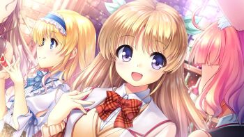 4girls :d ahoge animal_ears bekkankou blonde_hair blue_bow blue_bowtie blue_eyes blue_headband blush bow bowtie brown_hair daitoshokan_no_hitsujikai e-hentai_sample game_cg green_ribbon hair_ribbon hand_on_own_shoulder headband image_sample iris_mysteria! jacket long_hair long_sleeves multiple_girls open_mouth outdoors own_hands_clasped own_hands_together pink_hair purple_eyes red_bow red_bowtie ribbon road school_uniform shirasaki_tsugumi short_hair smile street suzuki_kana waitress