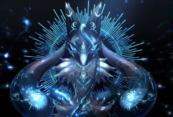 Rule 34 | animal ears, arms behind back, black background, blue eyes, body fur, body markings, commentary request, cowboy shot, gen 4 pokemon, glowing, highres, iogi (iogi k), looking at viewer, lucario, mega lucario z, mega pokemon, nintendo, no humans, pokemon, pokemon (creature), pokemon focus, straight-on, watermark