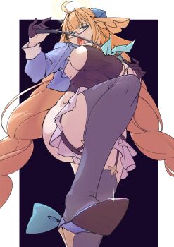 1girl absurdres ahoge aqua_bow aqua_neckerchief black_gloves black_leotard black_thighhighs blue_archive blue_eyes blue_shrug blush border bow braid breasts contrast_collar convenient_leg dominatrix femdom foot_out_of_frame footwear_bow four-pointed_star frilled_thigh_strap from_below glint gloves hair_flaps hair_ornament half_gloves halo hands_up high_heels highres holding holding_riding_crop kom_(pixiv_14092479) large_breasts leg_up legwear_garter leotard long_hair long_sleeves looking_at_viewer looking_down low_twin_braids narrowed_eyes neckerchief open_mouth orange_hair outside_border partially_bordered pumps purple-framed_eyewear purple_background raised_inner_eyebrows riding_crop sadism semi-rimless_eyewear shimiko_(blue_archive) shimiko_(magical)_(blue_archive) shrug_(clothing) sideboob sidelocks solo standing standing_on_one_leg stepping_on_frame teeth thigh_strap thighhighs turning_head twin_braids under-rim_eyewear upper_teeth_only very_long_hair white_border yellow_halo