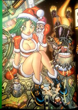 absurdres breasts christmas cleavage daxter green_eyes green_hair hat highres jak_and_daxter keira_hagai legs naughty_dog pointy_ears puckered_lips santa_costume santa_hat short_shorts shorts solo thighs