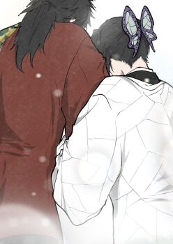 1boy 1girl animal_print black_hair butterfly_hair_ornament butterfly_print butterfly_print_haori couple facing_away from_behind hair_ornament haori hetero holding_another's_arm japanese_clothes kimetsu_no_yaiba kochou_shinobu low_ponytail ponytail print_haori tomioka_giyuu upper_body waanquv white_background