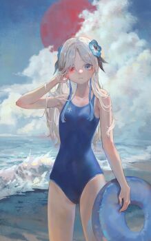 1girl absurdres beach blue_eyes blue_hair blue_one-piece_swimsuit breasts commentary expressionless flower hair_flower hair_ornament heterochromia highres innertube isekaijoucho kamitsubaki_studio long_hair looking_at_viewer meiyan_(boyimachao) multicolored_hair ocean one-piece_swimsuit red_eyes red_sun small_breasts solo swim_ring swimsuit symbol-only_commentary two-tone_hair water white_hair