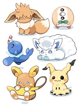 Rule 34 | alolan form, alolan raichu, alolan vulpix, blue eyes, blush, bright pupils, brown eyes, closed eyes, commentary request, eevee, floating, full body, gen 1 pokemon, gen 7 pokemon, highres, kana (maple926), lying, mimikyu, nintendo, no humans, pokemon, pokemon (creature), pokemon focus, popplio, rowlet, sitting, smile, twitter username, white pupils