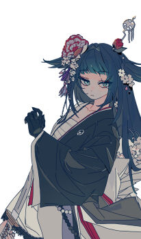 1girl arknights asymmetrical_sidelocks black_gloves black_hair black_kimono blue_eyes blunt_bangs collarbone commentary flower frown gloves hair_flower hair_intakes hair_ornament hair_wings highres holding holding_sword holding_weapon japanese_clothes kimono long_hair long_sleeves looking_at_viewer makeup mio_(arknights) obi sash sidelocks simple_background single_glove solo sword tsurime turning_head two-tone_kimono unkempt weapon white_background white_kimono xity