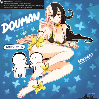 1girl 4boys :i :v ankle_bow ankle_ribbon arm_support artist_name artist_self-insert ashiya_douman_(fate) barefoot bikini black_bikini black_choker black_eyes black_hair blue_background bow bow_bikini bow_choker breasts character_name choker closed_mouth colored_skin english_text fate/grand_order fate_(series) feet full_body genderswap genderswap_(mtf) green_skin hair_between_eyes holding holding_own_hair light_smile long_hair looking_at_viewer lying medium_breasts multicolored_hair multiple_boys on_side ribbon screenshot_inset speech_bubble split-color_hair srgrafo swimsuit two-tone_hair very_long_hair white_hair wrist_bow yellow_bow