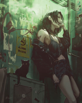 1girl absurdres against_wall arm_at_side bare_shoulders black_camisole black_cat black_eyes black_hair black_jacket black_nails black_shorts camisole cat condenser_unit doloyume earphones earrings feet_out_of_frame fingernails graffiti hand_up highres industrial_pipe jacket jacket_partially_removed jewelry leather leather_jacket medium_hair multiple_earrings nail_polish navel no_smoking original ring shorts signature smoking solo standing torn_clothes torn_shorts urban zipper