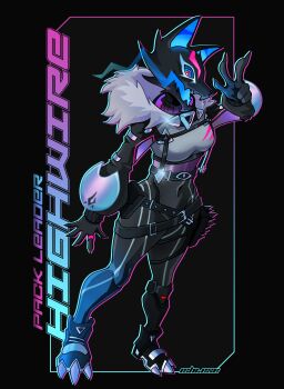 1girl absurdres arm_at_side arm_up artist_name belt belt_buckle black_background black_belt black_pants black_sleeves blue_outline blue_sclera bright_pupils buckle character_name colored_sclera commentary crop_top english_commentary fortnite full_body fur-trimmed_hood fur_trim furry furry_female glint grey_shirt highres highwire_(fortnite) hood hood_down ishiexe jewelry looking_at_viewer navel neon_palette open_mouth outline pack_leader_highwire pants pink_eyes pink_outline ring shirt simple_background smile solo tight_clothes tight_pants turtleneck w white_pupils