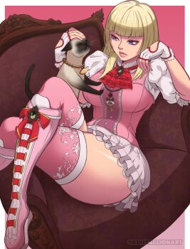 1girl absurdres ascot blonde_hair blunt_bangs boots breasts brooch cat clothing_cutout couch emilie_de_rochefort eyelashes fingerless_gloves frilled_skirt frills glove_cutout gloves hand_on_animal heart_cutout highres hime_cut jewelry knee_boots kristallion lips long_hair lying nose on_couch petting pink_boots pink_thighhighs print_thighhighs puffy_short_sleeves puffy_sleeves purple_eyes red_ascot salt_(tekken) short_sleeves siamese_cat sitting skirt solo tekken tekken_8 thick_thighs thighhighs thighs twitter_username white_gloves