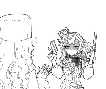 Rule 34 | 2girls, :/, dual wielding, facing away, flying sweatdrops, from behind, fur hat, greyscale, gun, hand up, handgun, hat, hat on back, holding, holding gun, holding weapon, ioi 33333, long hair, lopera (reverse:1999), moldir (reverse:1999), monochrome, multiple girls, papakha, reverse:1999, shirt, siblings, side ponytail, sisters, spot color, step-siblings, straw hat, v-shaped eyebrows, vest, weapon