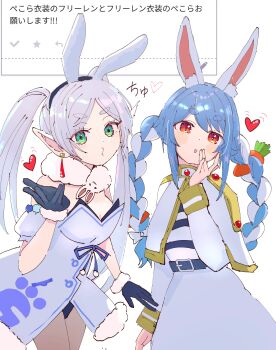 absurdres animal_ear_fluff animal_ears braid capelet carrot carrot_hair_ornament coat_dress commentary cosplay costume_switch dress earrings elf floating_earrings food-themed_hair_ornament frieren frieren_(cosplay) frieren_blowing_a_kiss fur-trimmed_gloves fur_scarf fur_trim gloves hair_ornament heart highres hololive hololive_fantasy jewelry pointy_ears rabbit_ears rabbit_girl roya_(roya247) shirt short_eyebrows sousou_no_frieren striped_clothes striped_shirt teardrop_earrings thick_eyebrows translated twin_braids twintails usada_pekora usada_pekora_(cosplay) virtual_youtuber white_capelet