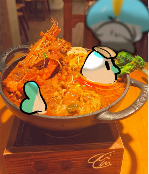 1other alternate_color angry artist_name bird black_eyes blank_eyes blue_hair blurry blurry_background bowl bowl_cut broccoli colored_skin food food_focus food_on_head frown gen_3_pokemon hair_over_eyes in_food indoors lotus_root nintendo object_on_head photo_background pokemon pokemon_(creature) ralts ripples shiny_pokemon short_hair shrimp signature solid_oval_eyes white_skin yueryu_(taroyuer2)