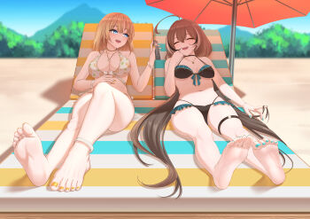 Rule 34 | 2girls, barefoot, beach, bikini, blonde hair, blue eyes, breasts, brown hair, cellphone, closed eyes, feet, highres, hololive, hololive english, hui yu, large breasts, long hair, medium breasts, medium hair, multiple girls, nanashi mumei, open mouth, parasol, phone, smartphone, soles, swimsuit, toes, umbrella, virtual youtuber, watson amelia