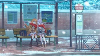 2girls bag bench blonde_hair blue_hair book braid brick_wall buttons closed_eyes coat english_text gakuen_idolmaster game_cg glass green_eyes grey_hair hair_ornament hairclip holding idolmaster japanese_text katsuragi_lilja kneehighs loafers multicolored_hair multiple_girls neck_ribbon official_art open_book orange_hair ribbon scarf school_bag sharing shiun_sumika shoes sitting snow snowing socks tree