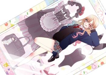 1girl absurdres animal_ears bag black_bag black_bonnet black_cardigan black_choker black_dress black_hairband black_socks blonde_hair blue_hair blue_jacket blush bonnet bra brown_shoes cardigan charm_(object) choker collared_shirt cuffs dress fake_animal_ears frilled_dress frills fruit_pattern fukuda_shinichi hairband handbag heart highres jacket kitagawa_marin leg_up lolita_fashion long_hair long_sleeves looking_at_viewer multicolored_hair necktie official_art panties plaid_clothes plaid_skirt playboy_bunny pleated_skirt rabbit_ears red_bra red_eyes red_hair red_necktie red_panties school_uniform shirt shoes simple_background skirt socks sono_bisque_doll_wa_koi_wo_suru standing standing_on_one_leg stuffed_toy third-party_source toy_packaging underwear v white_background white_wrist_cuffs wrist_cuffs