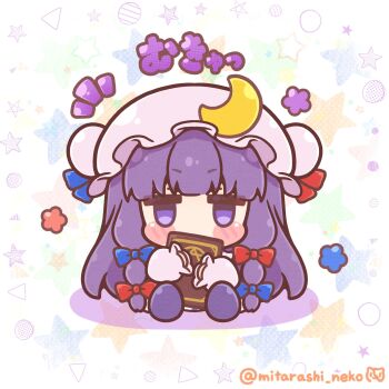 1girl blue_bow blunt_bangs blush_stickers book bow bun_cover chibi chibi_only commentary_request crescent crescent_hat_ornament double_bun dress flower_symbol full_body hair_bow hair_bun hat hat_ornament highres holding holding_book jitome long_hair long_sleeves looking_at_viewer mitarashi_neko mob_cap notice_lines patchouli_knowledge pink_hat purple_eyes purple_hair purple_shoes red_bow shoe_soles shoes sitting solo star_(symbol) star_symbol_background touhou very_long_hair white_dress