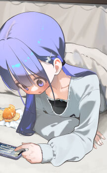 1girl bra breasts cellphone downblouse flower food fruit hair_flower hair_ornament hayakawa_sena_(pei_iriya) highres holding holding_phone kotatsu loli long_hair long_sleeves lying mandarin_orange on_stomach open_mouth original paid_reward_available pei_iriya phone puffy_long_sleeves puffy_sleeves purple_eyes purple_hair shirt small_breasts smartphone solo table twintails under_covers under_kotatsu under_table underwear white_bra white_shirt