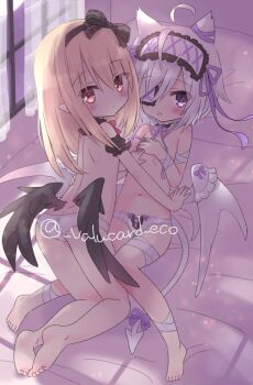 2girls ahoge armband bandages bat_wings black_armband black_choker black_wings blonde_hair blush breasts choker dark_feather_alma emil_chronicle_online eyepatch frilled_armband frilled_choker frilled_hairband frills hairband hand_on_own_chest indoors loli long_hair lying multiple_girls on_bed open_mouth panties pointy_ears purple_eyes purple_ribbon red_eyes ribbon small_breasts twitter_username underwear valucard_eco white_familiar_alma white_hair white_hairband white_panties white_tail white_wings wing_ornament wings yuri