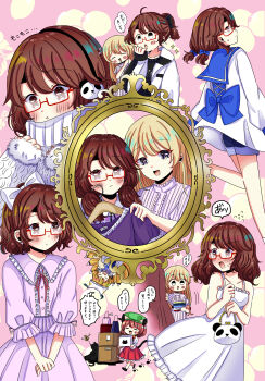 4girls :3 absurdres alternate_costume alternate_hairstyle animal_ears back_bow bag black_shirt blonde_hair blue_bow blue_collar blue_shirt blue_shorts blue_tabard blush bow bowtie box brown_eyes brown_hair cat cat_ears cat_girl cat_tail chen chibi closed_eyes closed_mouth collar collarbone commentary commission curtains denim denim_shorts dress earrings embarrassed footprints fox_girl fox_tail frilled_shirt frilled_shirt_collar frilled_skirt frilled_sleeves frills fruit_background fur-trimmed_sleeves fur_trim glasses green_hat grey_eyes hair_bow hair_ornament handbag hat highres holding holding_unworn_clothes holding_unworn_dress jacket jewelry kuronon long_hair long_sleeves medium_hair mob_cap money_bag multiple_girls multiple_tails multiple_views neck_ribbon open_mouth panda panda_hair_ornament paw_print picture_frame pink_background pink_shirt ponytail purple_dress purple_shirt purple_skirt red-framed_eyewear red_ribbon red_skirt ribbon shirt shorts skeb_commission skirt sparkle striped_clothes striped_shirt sundress surprised sweat sweatdrop sweater tabard tail touhou translation_request twintails unworn_dress usami_sumireko white_bow white_dress white_hat white_jacket white_shirt white_sweater yakumo_ran yakumo_yukari yellow_bow yellow_bowtie