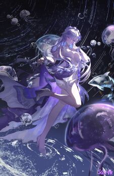 1girl blue_eyes cantarella_(wuthering_waves) chinese_commentary commentary commentary_request dress english_commentary flower hair_flower hair_ornament headdress high_heels highres jellyfish leg_up long_hair looking_at_viewer mixed-language_commentary night parted_lips purple_hair sgirlk sky solo standing star_(sky) starry_sky water_drop white_dress wuthering_waves