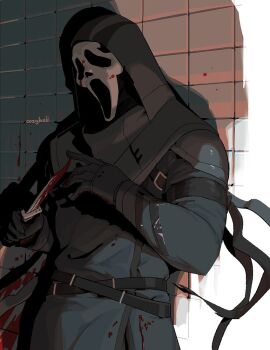 1boy against_wall armband artist_name belt blood blood_on_clothes blood_on_wall bozo-chan brick_wall danny_johnson dead_by_daylight ghostface ghostface gloves holding holding_knife hood hooded_jacket hoodie jacket knife light male_focus mask scream_(movie) signature solo