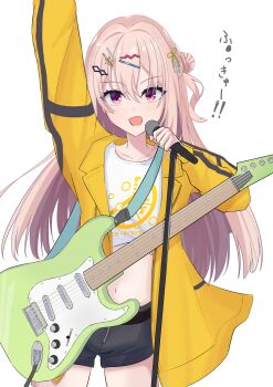 1girl :d absurdres arm_up belt black_belt black_shorts blush clothes_writing commentary cowboy_shot eyelashes eyes_visible_through_hair guitar hair_between_eyes hair_bun hair_ornament hairclip hand_up harumi_ena highres holding holding_microphone instrument jacket limelight_lemonade_jam long_hair long_sleeves looking_at_viewer microphone minnku_0905 navel one_side_up open_clothes open_jacket open_mouth parallel_hairclips pink_hair red_eyes shirt shorts simple_background single_side_bun smile solo star_(symbol) star_hair_ornament stomach straight_hair tied_shirt translated v-shaped_eyebrows very_long_hair white_background white_shirt yellow_jacket