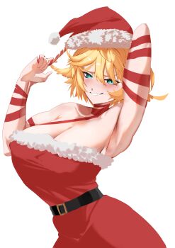 1girl absurdres alternate_breast_size_(larger) aqua_eyes arm_behind_head armpits bare_shoulders belt blonde_hair breasts candy candy_cane christmas cleavage covered_erect_nipples cowboy_shot curvy daaku_(koizumi_arata) dokibird dress food fur_trim grin hat highres indie_virtual_youtuber large_breasts looking_at_viewer medium_hair ribbon santa_costume santa_hat simple_background smile solo strapless strapless_dress virtual_youtuber white_background