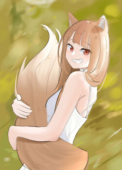 1girl :d absurdres alternate_costume animal_ear_fluff animal_ears bare_shoulders blunt_bangs blurry blurry_background blush bow brown_hair commentary contemporary cowboy_shot dress english_commentary fang from_side grin hair_over_shoulder happy highres holding_own_tail holo long_hair looking_at_viewer open_mouth penguin_sensei_(artist) red_eyes sleeveless sleeveless_dress smile smug solo spice_and_wolf sundress tail tail_raised white_bow white_dress wolf_ears wolf_girl wolf_tail