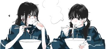 2girls :t black_eyes blush bowl chainsaw_man cheek_bulge chopsticks cross_scar dual_persona eating food green_jacket greyscale heart highres holding holding_chopsticks jacket long_sleeves mitaka_asa monochrome multiple_girls needbee_r noodles orange_eyes ramen ringed_eyes scar scar_on_face simple_background steam track_jacket twintails upper_body white_background yoru_(chainsaw_man)