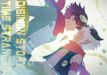 Rule 34 | 2boys, absurdres, aegiomon, animal legs, black horns, black vest, body fur, body markings, brown fur, brown hair, chest jewel, commentary, copyright name, cowboy shot, digimon, digimon (creature), digimon story: time stranger, english commentary, eye contact, facial mark, goat horns, goggles, goggles on head, green jacket, grey hair, highres, horns, jacket, looking at another, male focus, multicolored jacket, multiple boys, no shirt, pointy ears, red scarf, scarf, short hair, simple background, two-tone jacket, vest, white background, white jacket, yuu (pixiv3042074), yuuki dan