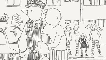 ._. 1girl 5boys :o arrest bald braid bulletproof_vest car comic elf greyscale hat highres horideiyasumi mob_face monochrome motor_vehicle multiple_boys necktie original outdoors peaked_cap pointing pointing_at_another pointy_ears police police_car police_hat police_uniform segmented_comic shirt t-shirt twin_braids