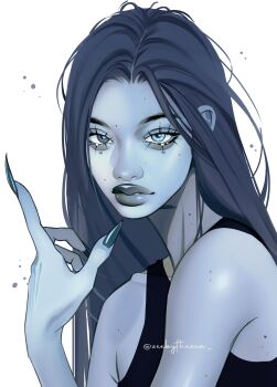 1girl aegyo_sal asian black_tank_top blue_eyes blue_hair blue_nails blue_skin colored_skin eyelashes fingernails forehead hand_up heterochromia highres long_fingernails long_hair looking_at_viewer mole mole_on_arm mole_on_cheek mole_on_forehead mole_on_neck mole_under_each_eye mole_under_eye multiple_moles nail_polish original parted_bangs parted_lips straight_hair tank_top thick_eyebrows thick_lips twitter_username umi_(zeebythesea) upper_body white_background zeebythesea