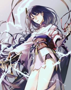 Rule 34 | 1girl, absurdres, artist name, blunt bangs, braid, breasts, bridal gauntlets, chikidoong, cleavage, closed mouth, electricity, genshin impact, hair ornament, highres, holding, holding sword, holding weapon, japanese clothes, katana, kimono, korean commentary, lingerie, long braid, long hair, looking down, mole, mole under eye, musou isshin (genshin impact), neck ribbon, purple eyes, purple kimono, raiden shogun, red ribbon, red sash, ribbon, sash, single braid, solo, sword, thighs, underwear, weapon