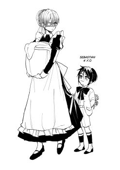 2boys age_switch aged_down aged_up alternate_height character_age character_name ciel_phantomhive crossdressing crossdressing_(mtf) eyepatch highres kurosh00kie kuroshitsuji maid multiple_boys role_reversal sebastian_michaelis short_hair smile toddler