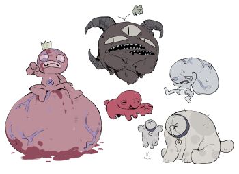 Rule 34 | 2boys, chubs (mewgenics), crown, crying, demon, dog, extra mouth, frog, headless, higa423, highres, horns, johnny (mewgenics), mewgenics, mini crown, monster, multiple boys, nubs (mewgenics), one eye closed, open mouth, pointing, pointing at viewer, sharp teeth, simple background, stem cat, teeth, third eye, throbbing king, tormentor (mewgenics), veins, white background