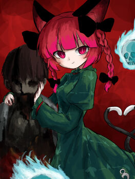 1boy 1girl :3 animal_ears black_bow blood blood_on_hands blunt_bangs bow braid bright_pupils cat_ears cat_girl cat_tail commentary_request corpse dress fire flaming_skull floating_skull frilled_dress frilled_sleeves frills green_dress hair_bow hand_on_another&#039;s_face hand_on_another&#039;s_shoulder heart heart_tail heripantomorrow juliet_sleeves kaenbyou_rin long_sleeves multiple_hair_bows multiple_tails pink_eyes puffy_sleeves red_hair side_braids skull slit_pupils tail touhou twin_braids white_pupils