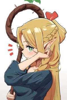 1girl absurdres blonde_hair blue_shirt blush bow braid bright_pupils closed_mouth commentary_request dungeon_meshi elf from_side green_eyes hair_bow half_up_braid hand_up highres holding holding_staff long_hair long_sleeves mage_staff marcille_donato notice_lines pointy_ears profile red_bow rokochandayo shirt side_braid sidelocks simple_background solo staff straight_hair upper_body white_background white_pupils