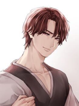 Rule 34 | 1046sstep btoh, 1boy, aizen sousuke, bleach, brown eyes, brown hair, collarbone, commentary request, head tilt, japanese clothes, male focus, portrait, signature, simple background, smile, solo, white background